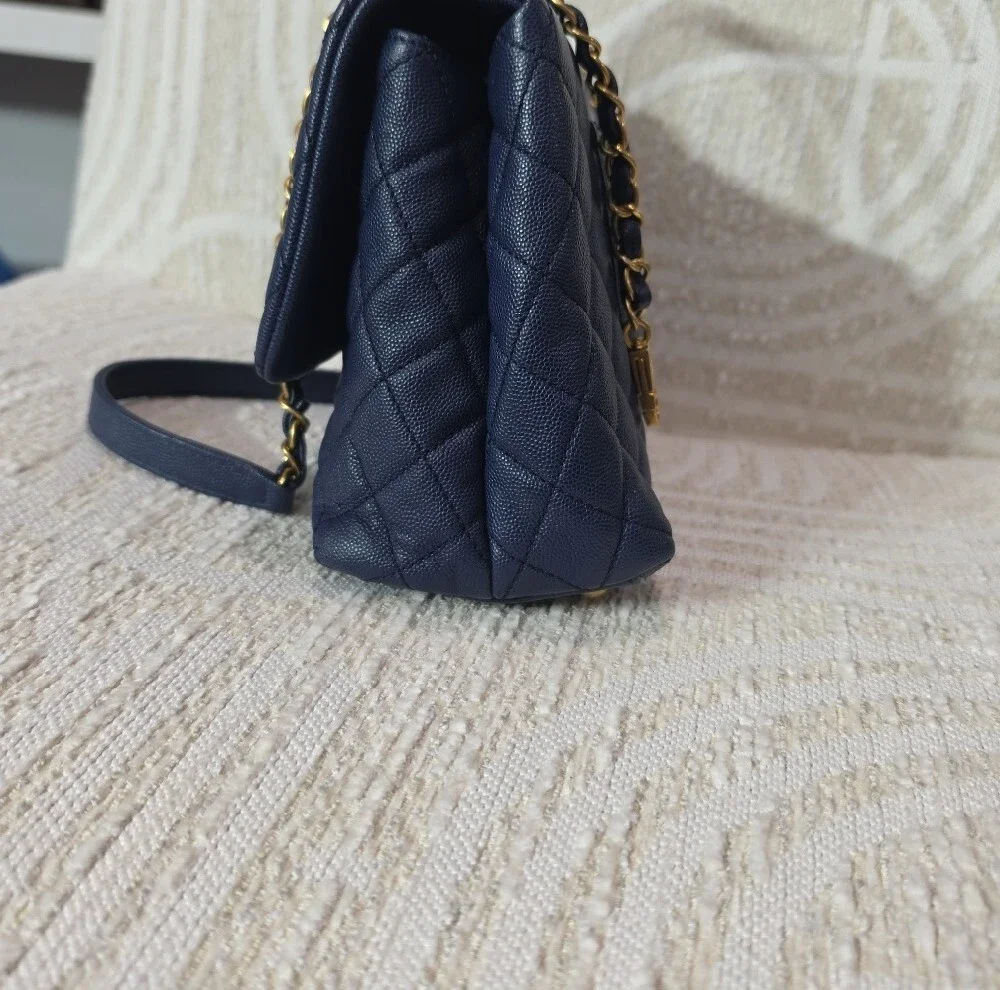 CHANEL Coco Navy Quilted Leather Top Handle Satchel with Burgundy Lizard Handle